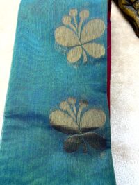 Teal Green semi silk cotton Saree with Bluish Border & contrast Magenta Pallu