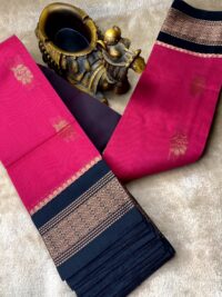 Rani Pink semi silk cotton Saree with Black Border & contrast Arakku Pallu