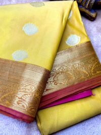 Yellow with pink Semi silk saree