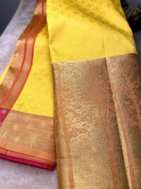 Bright Yellow & Meroon semi silk saree with scenic border