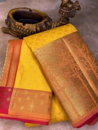 Bright Yellow & Meroon semi silk saree with scenic border
