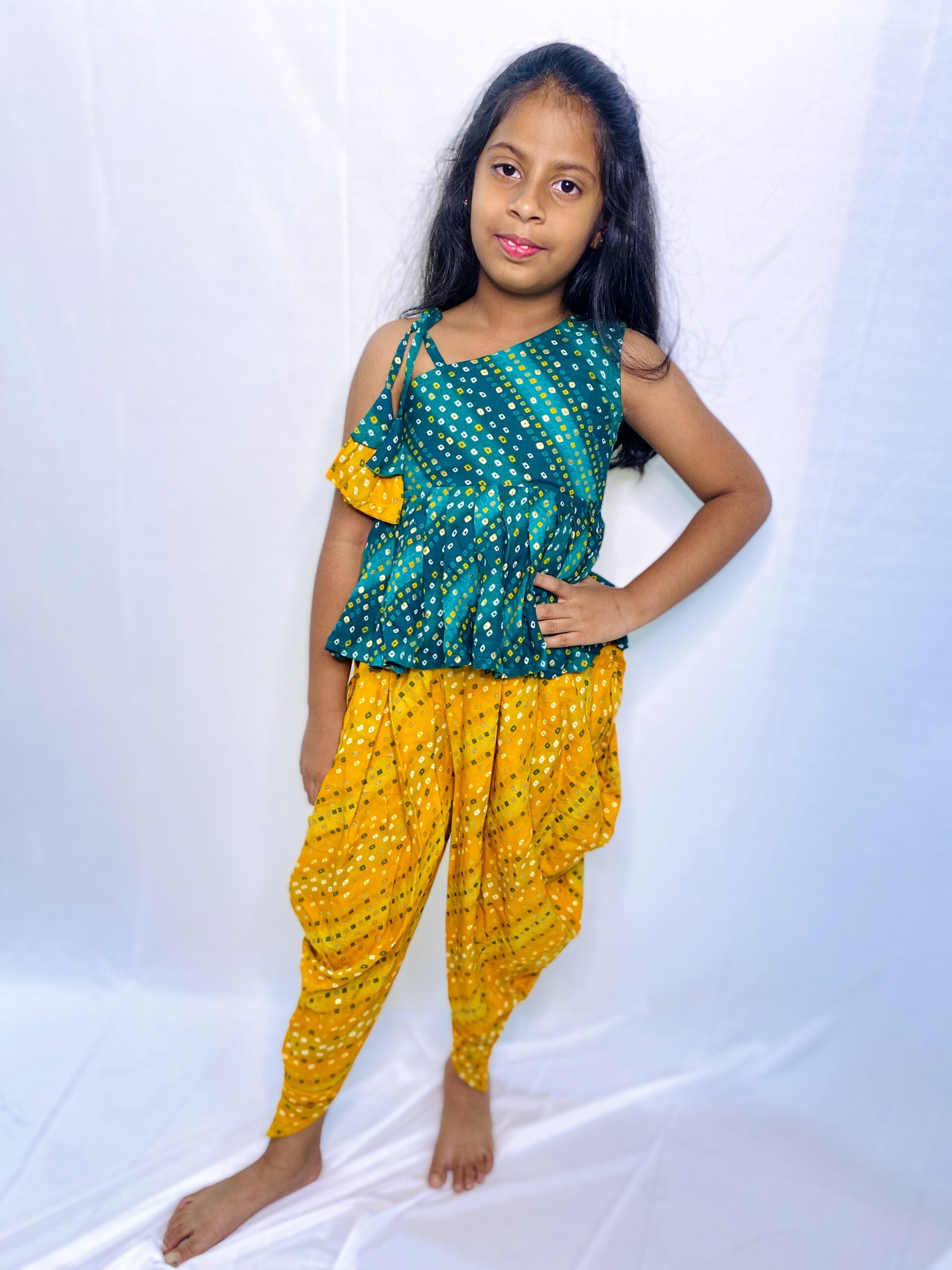 Girls Yellow Bandhani Printed Angrakha Pure Cotton Kurti with Dhoti Pants   Saka Designs  3905150