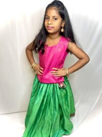 Beautiful Pink with Green semi Silk Top and skirt