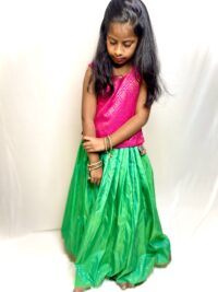 Beautiful Pink with Green semi Silk Top and skirt